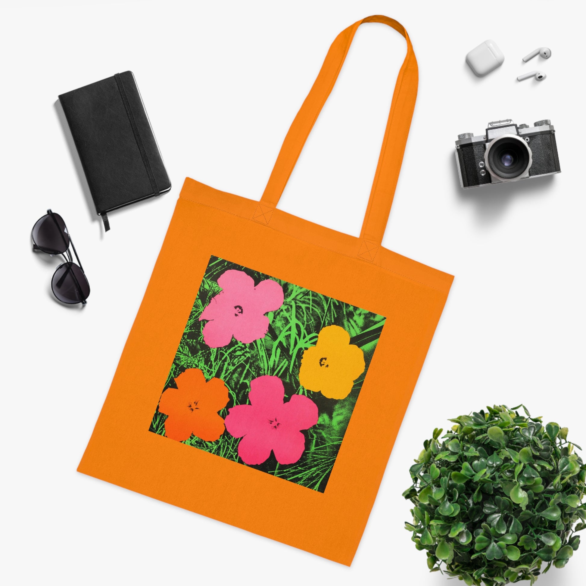 a tote bag with a picture of flowers on it