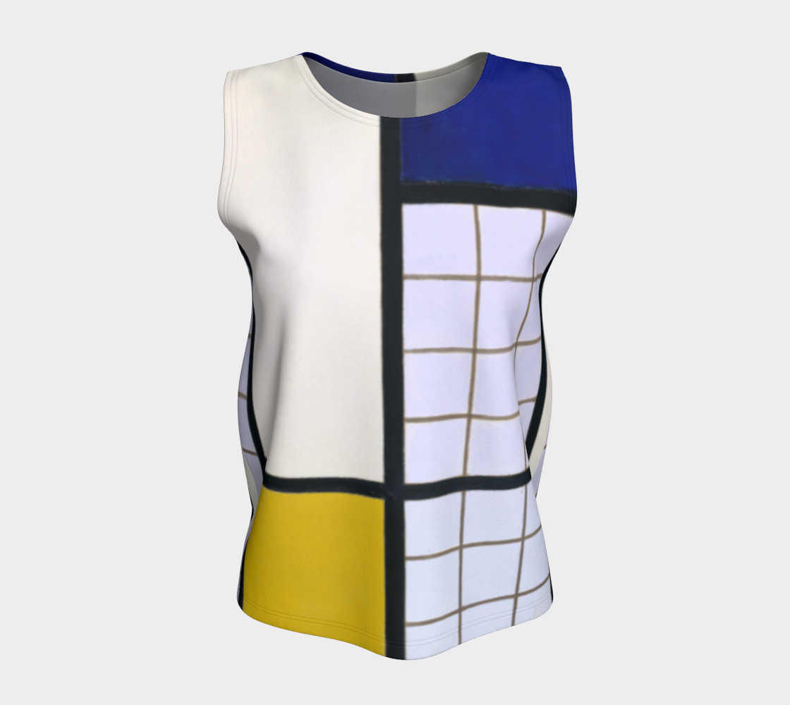 a white tank top with blue, yellow, and white squares