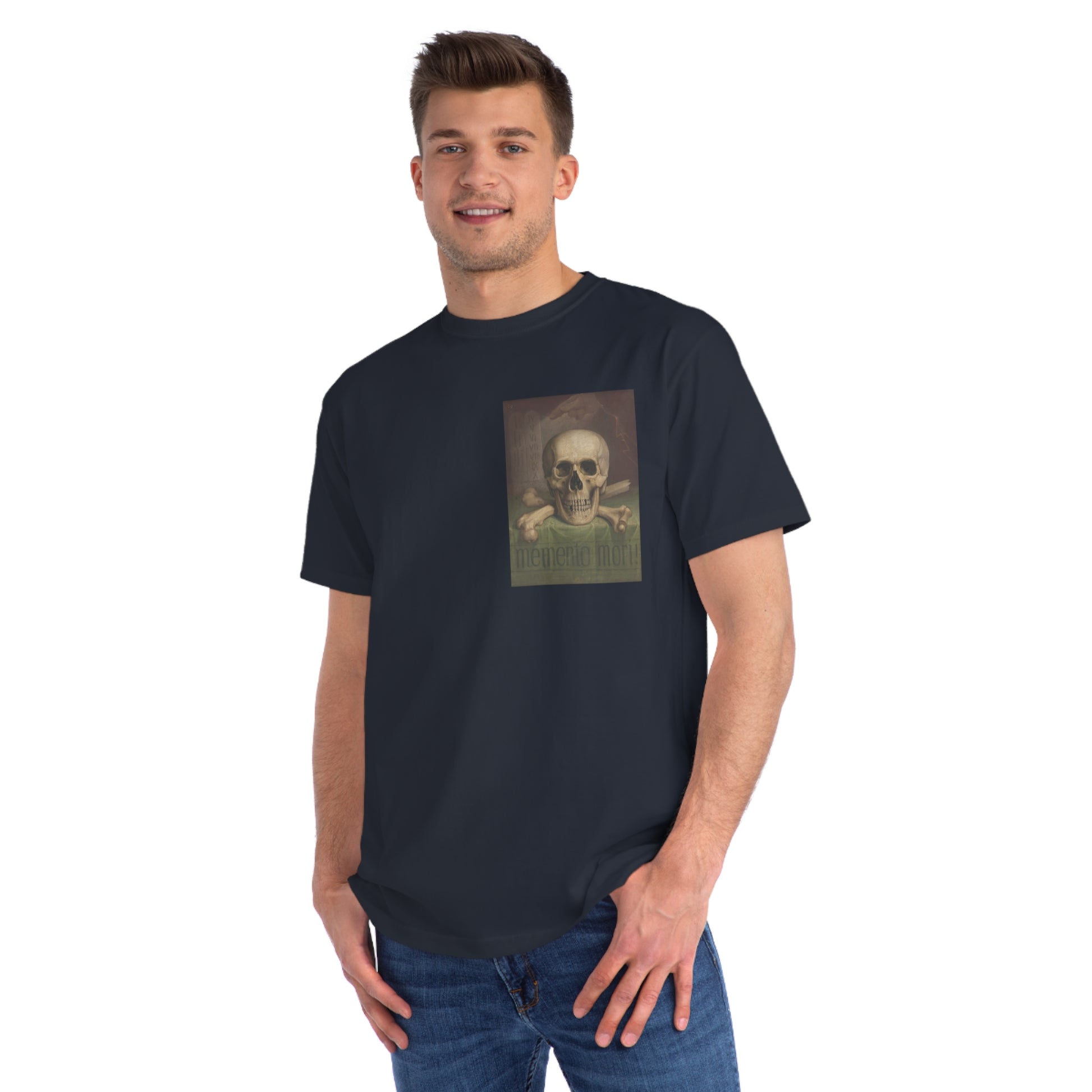 a man wearing a t - shirt with a picture of a skull on it