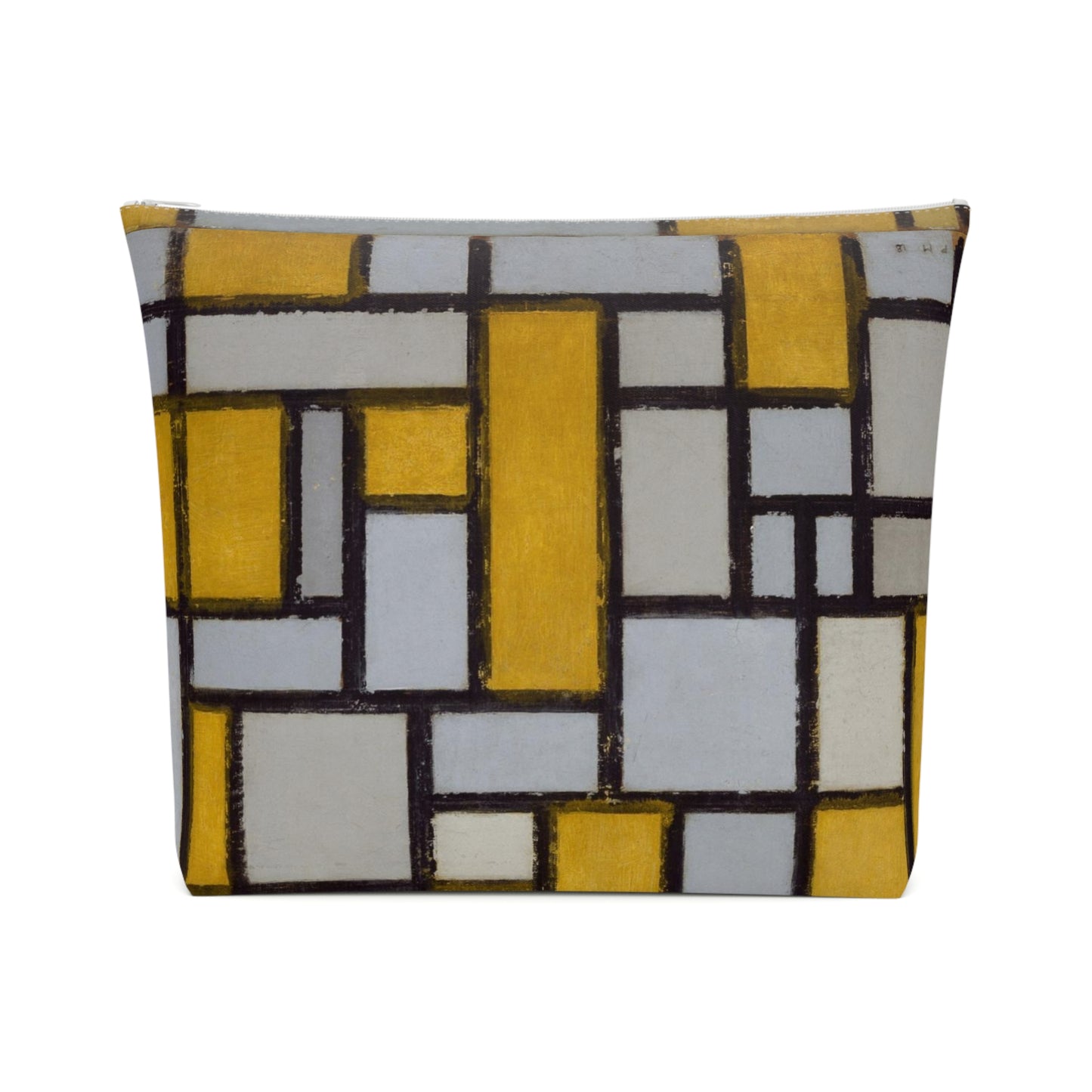 a yellow and white pillow with squares on it