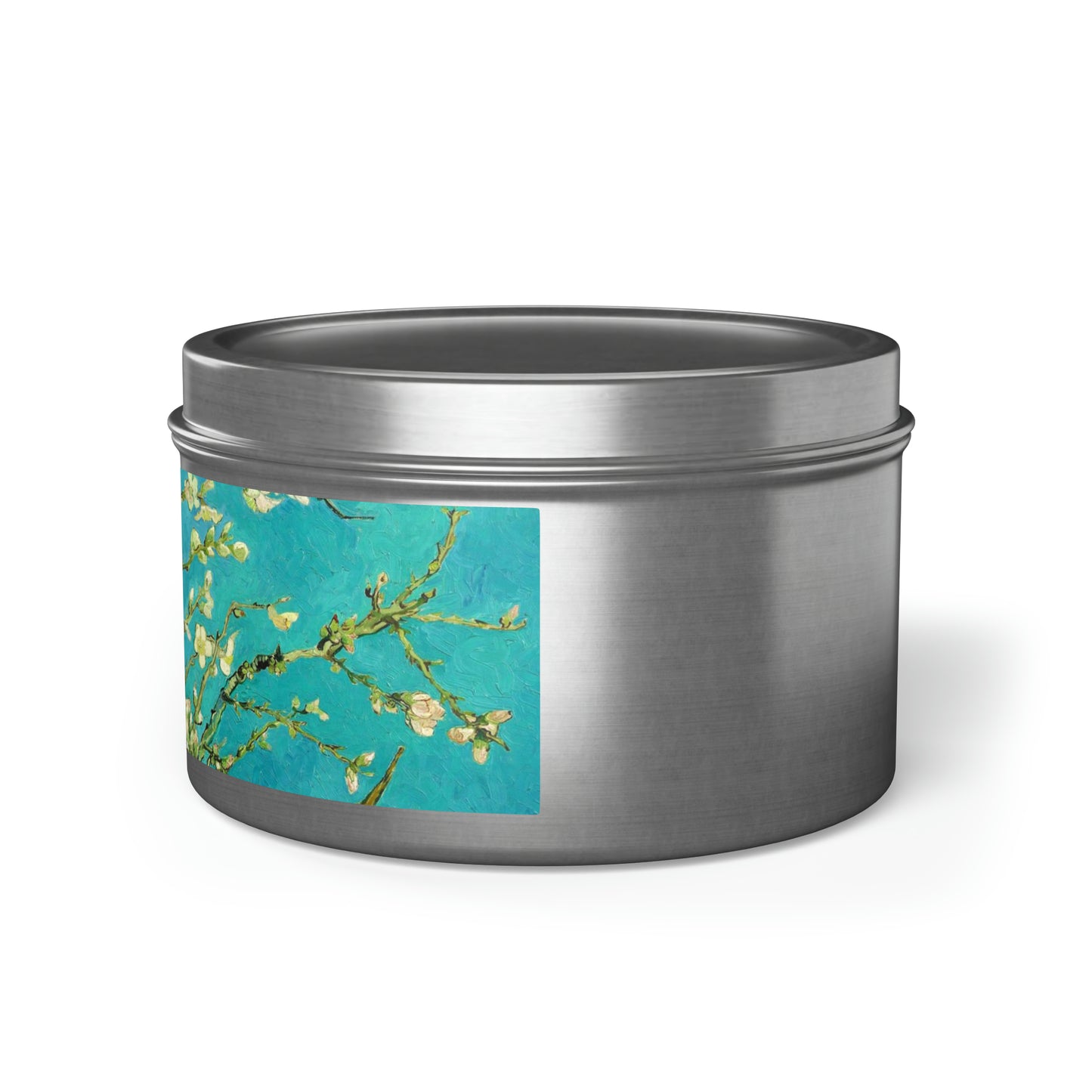 a tin with a picture of a branch with flowers on it