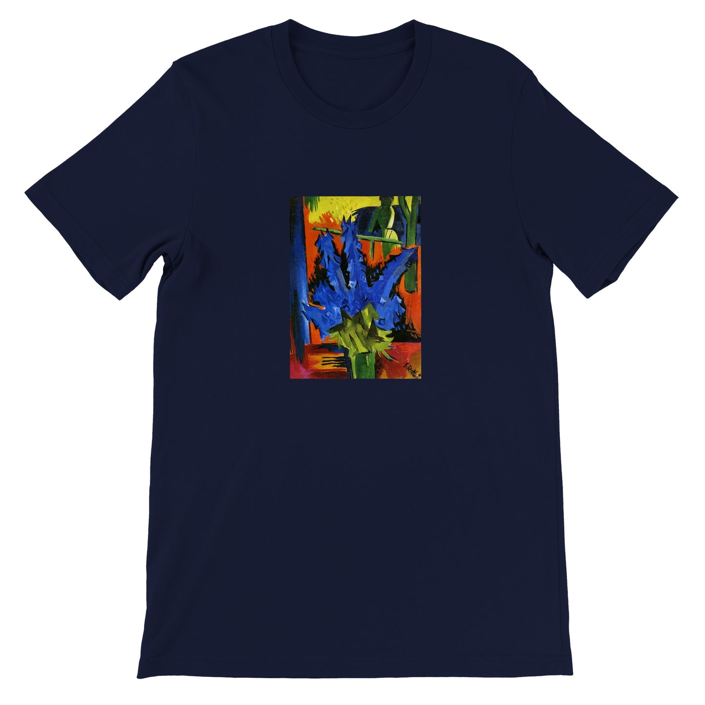 a t - shirt with a painting of blue flowers