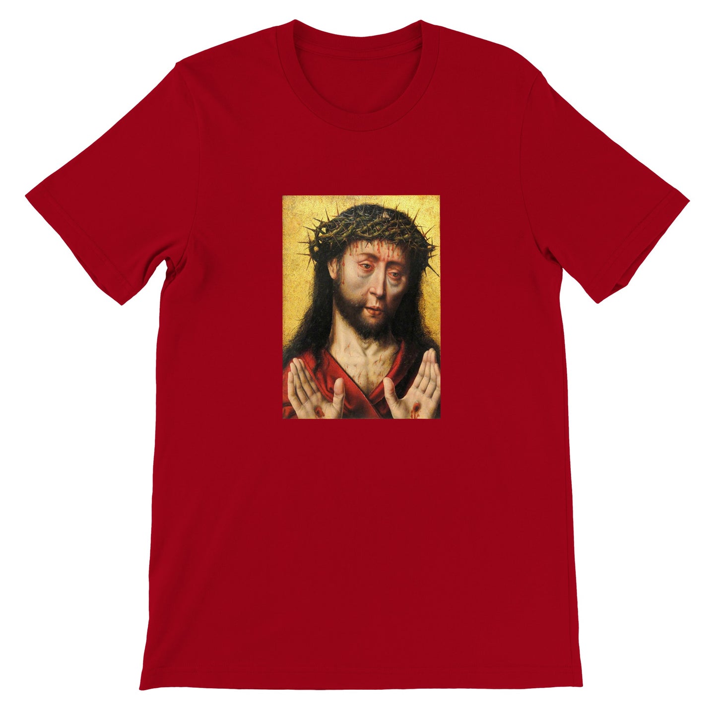 a red t - shirt with a picture of jesus