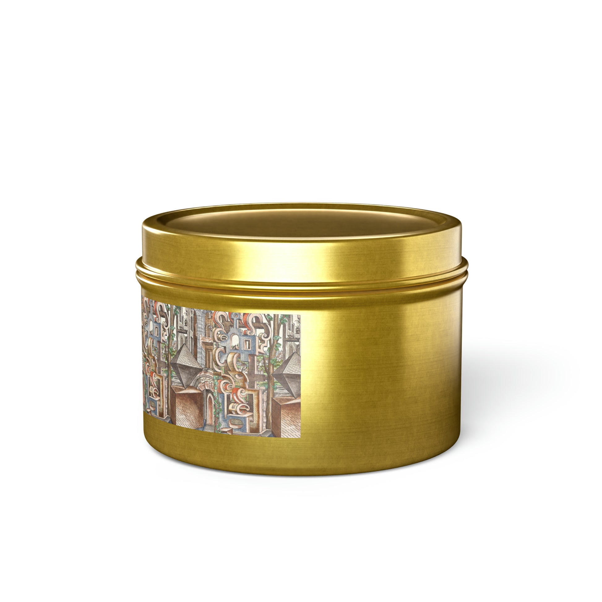 a gold tin with a painting on it