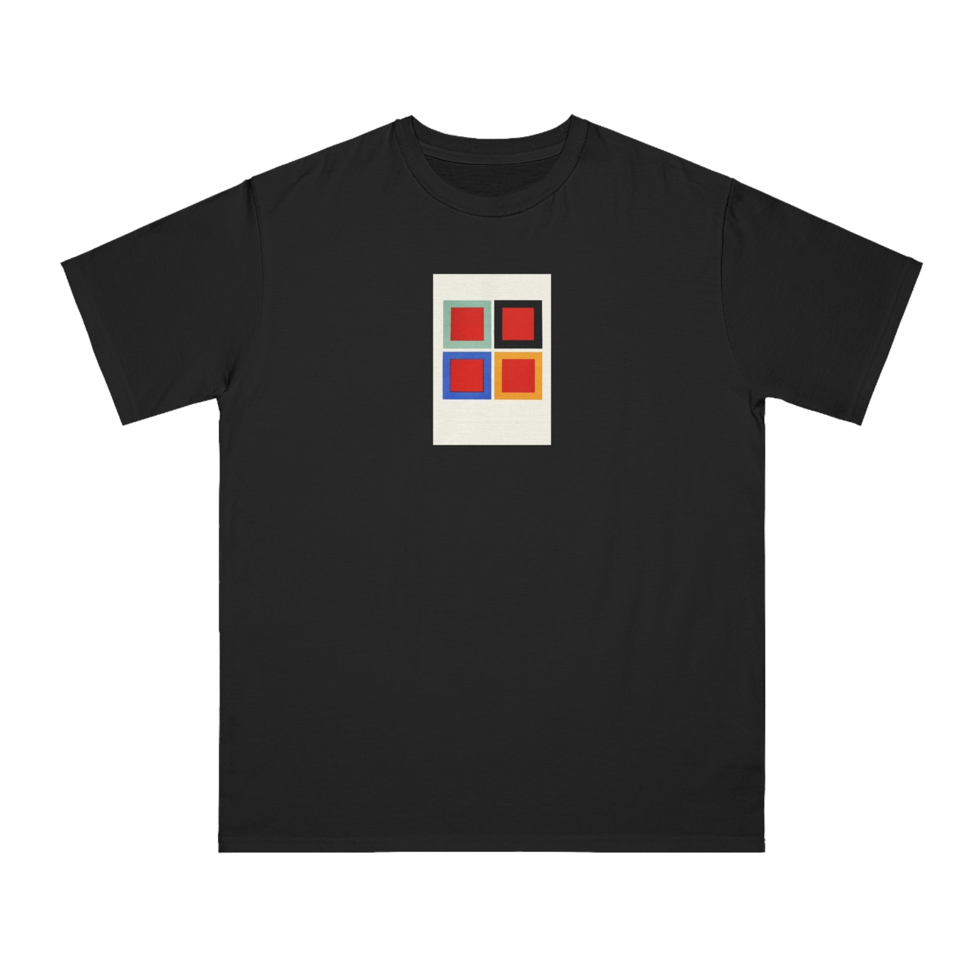 a black t - shirt with a red, yellow, and blue square design