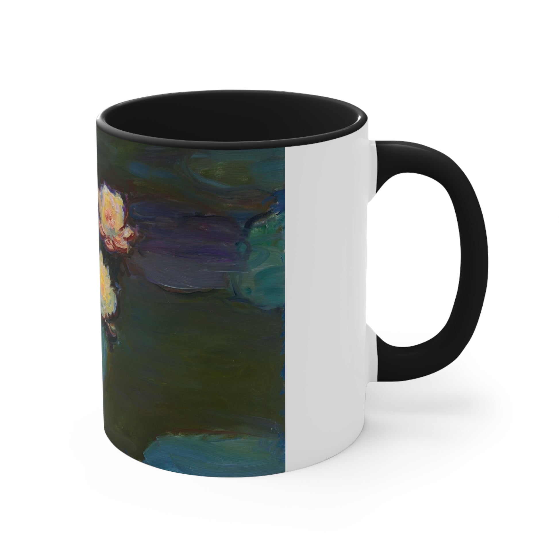 a black and white coffee mug with a painting of a flower