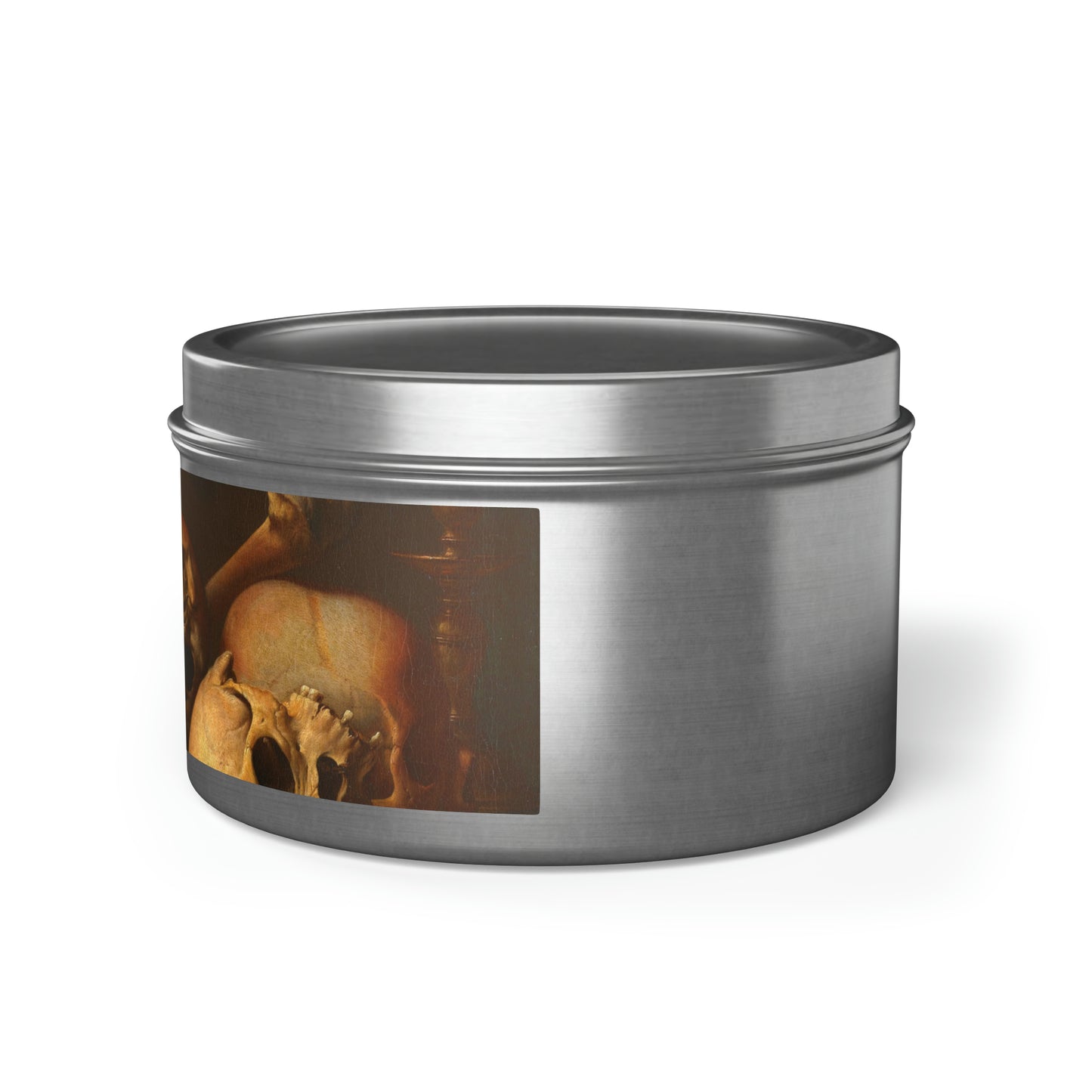a metal container with a picture of a skull on it