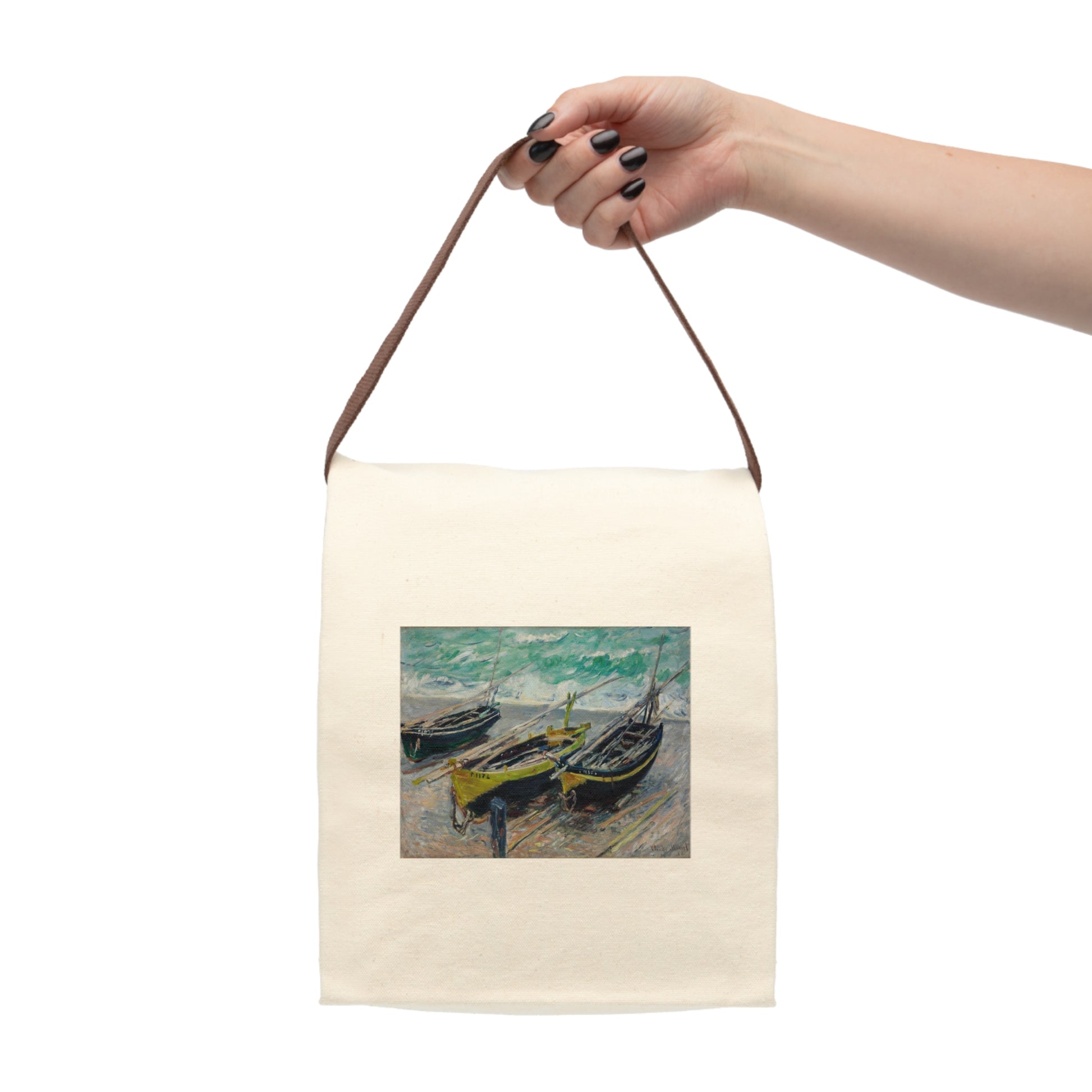 CLAUDE MONET - THREE FISHING BOATS - COTTON CANVAS LUNCH BAG WITH STRAP