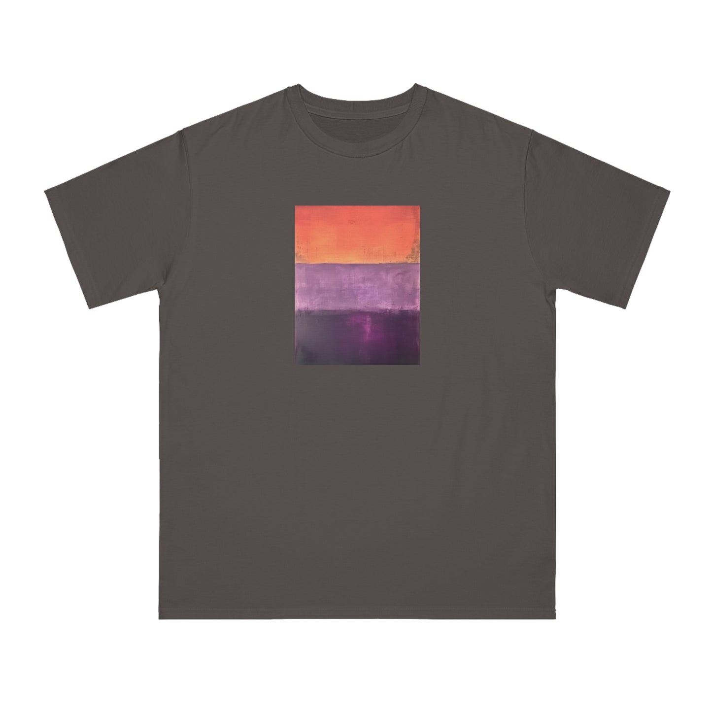 a t - shirt with an orange and purple painting on it