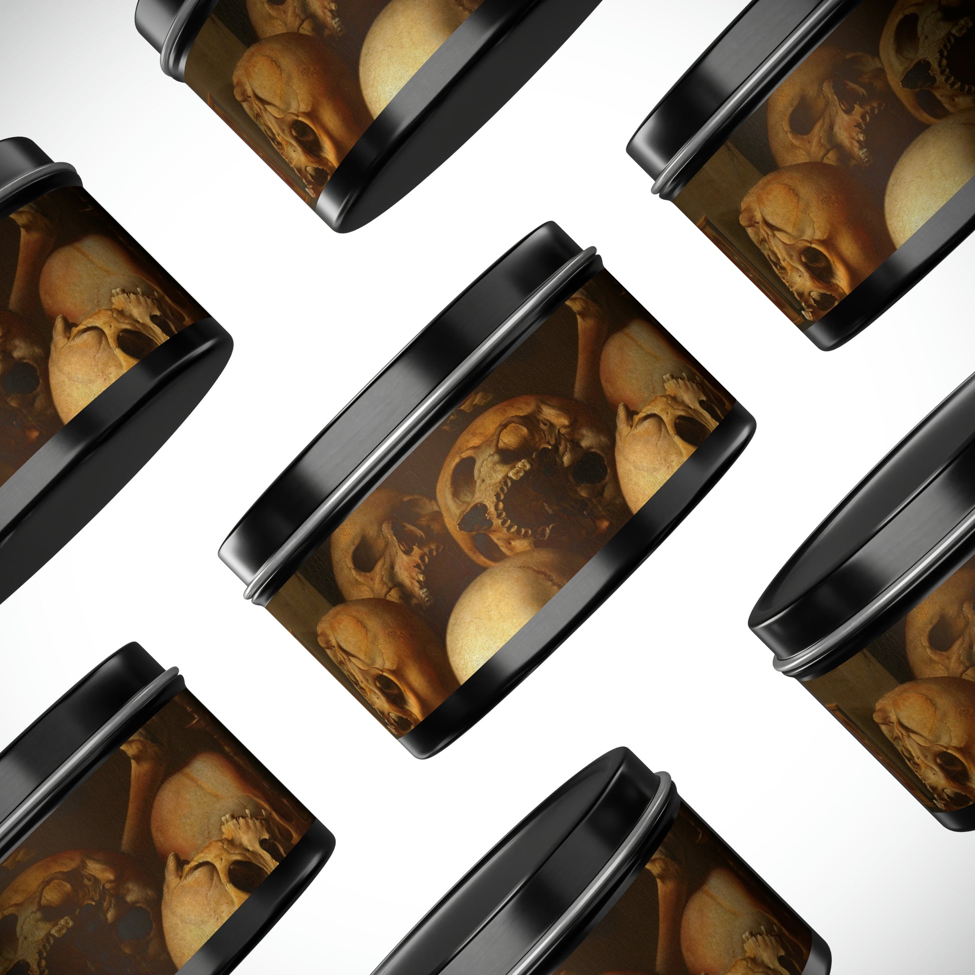 a group of containers with a picture of a skull inside of them