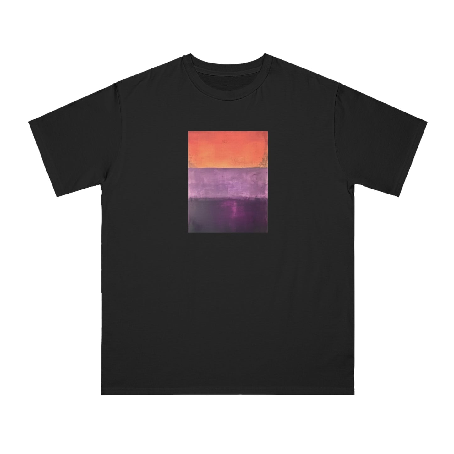 a black t - shirt with an orange and purple painting on it