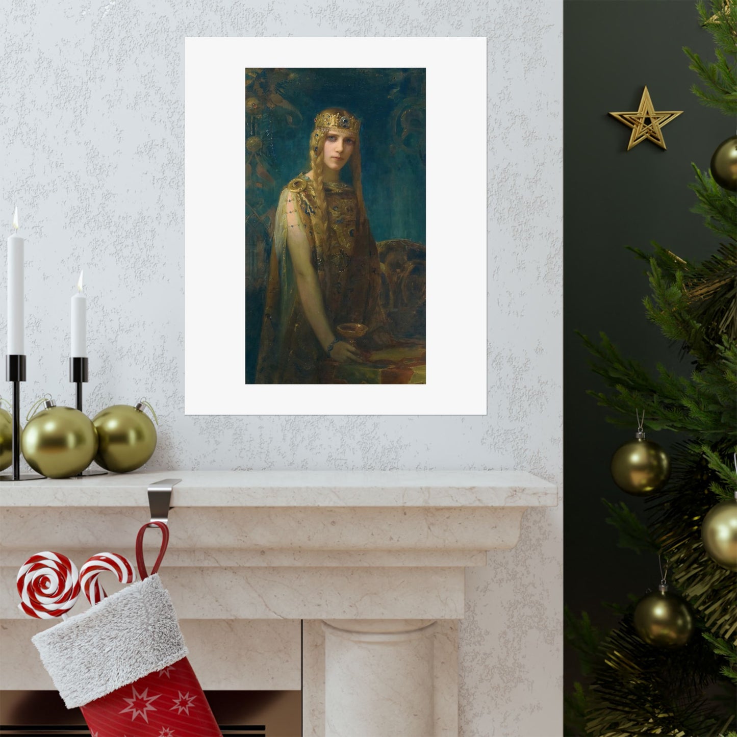 a painting of a woman sitting in front of a christmas tree