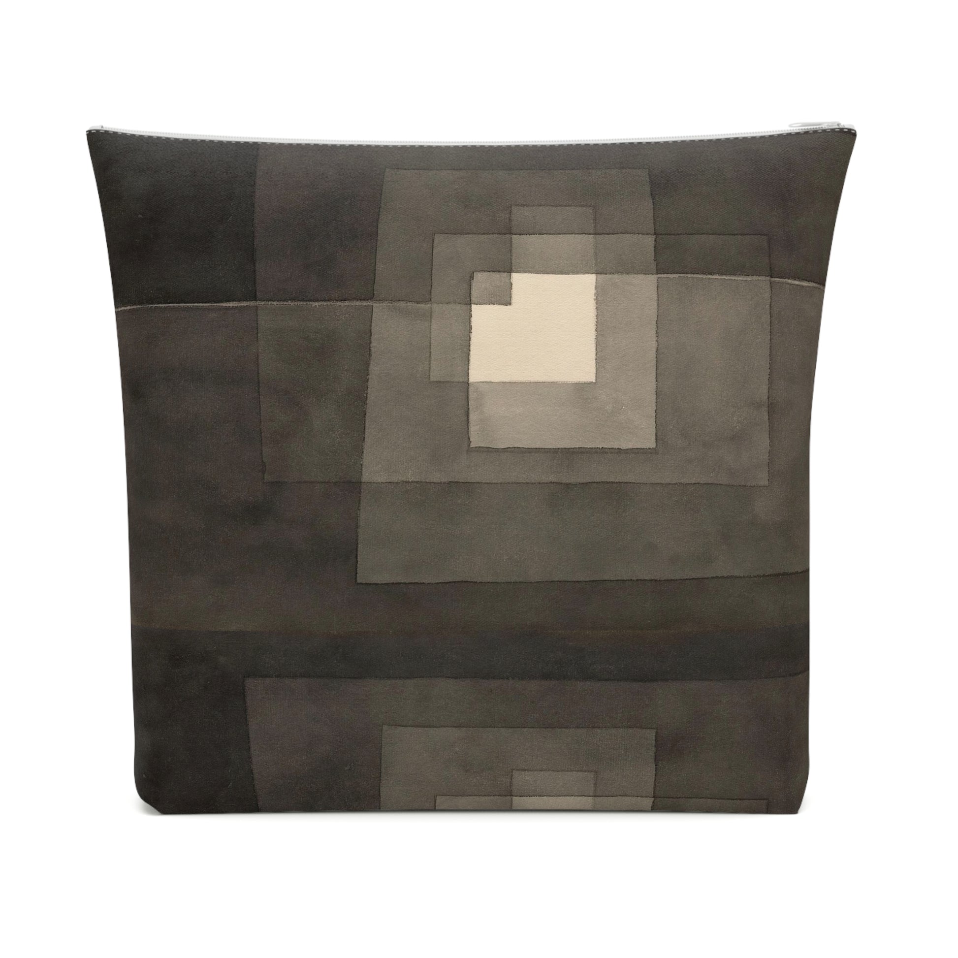 a gray pillow with a square and rectangle pattern