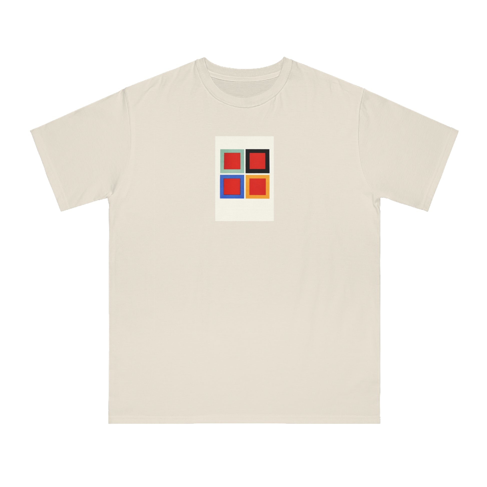 a white t - shirt with a red, blue, and green square on the