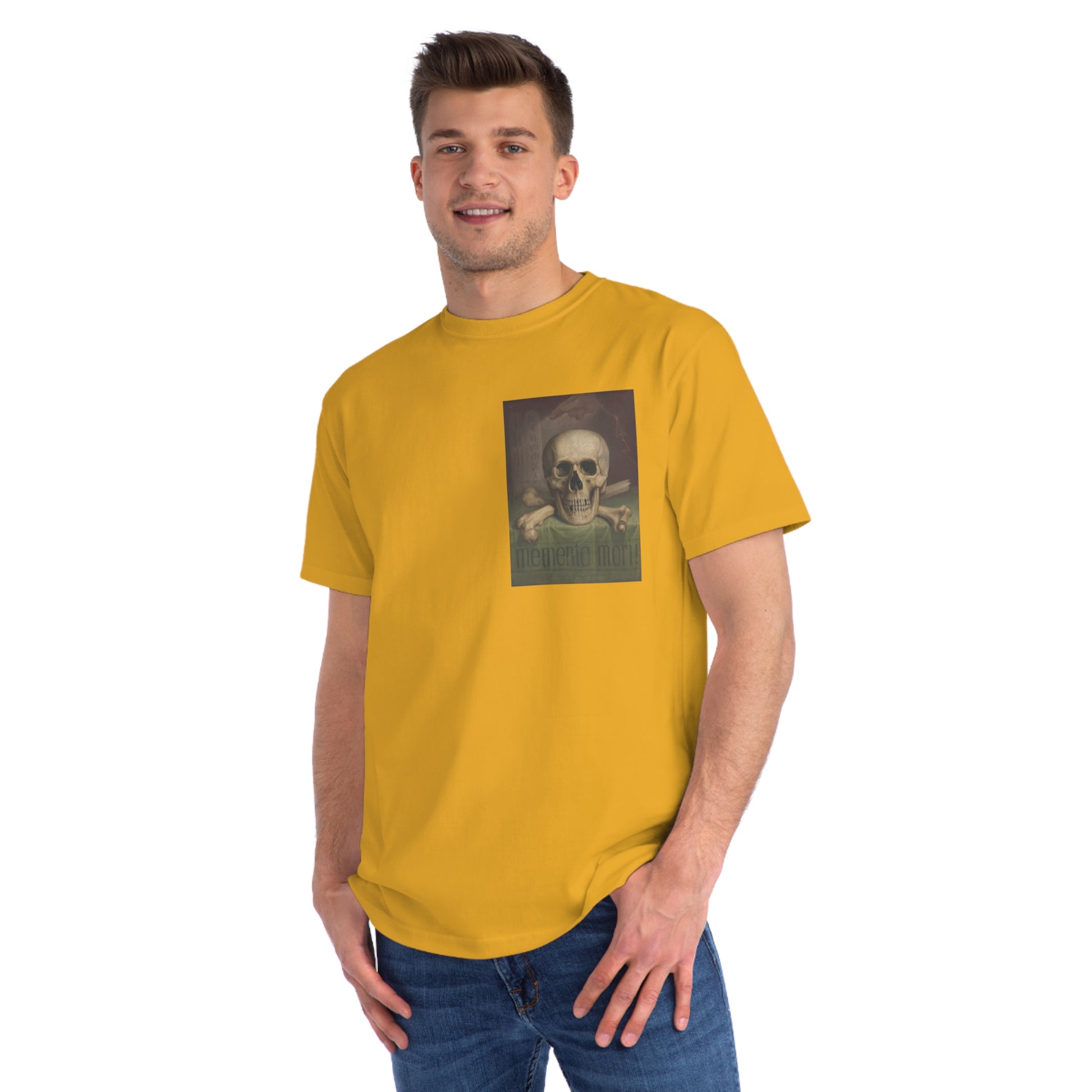 a man wearing a yellow t - shirt with a picture of a skull on it