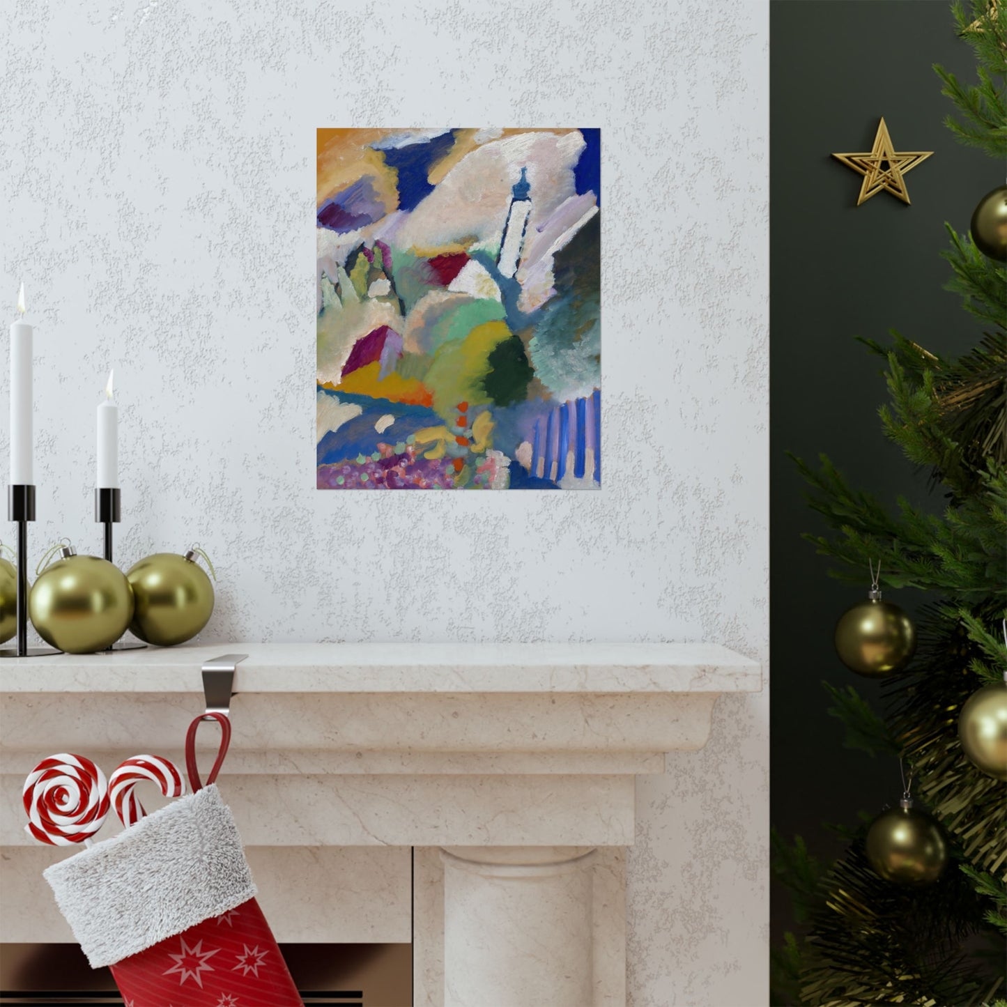 a decorated christmas tree next to a fireplace