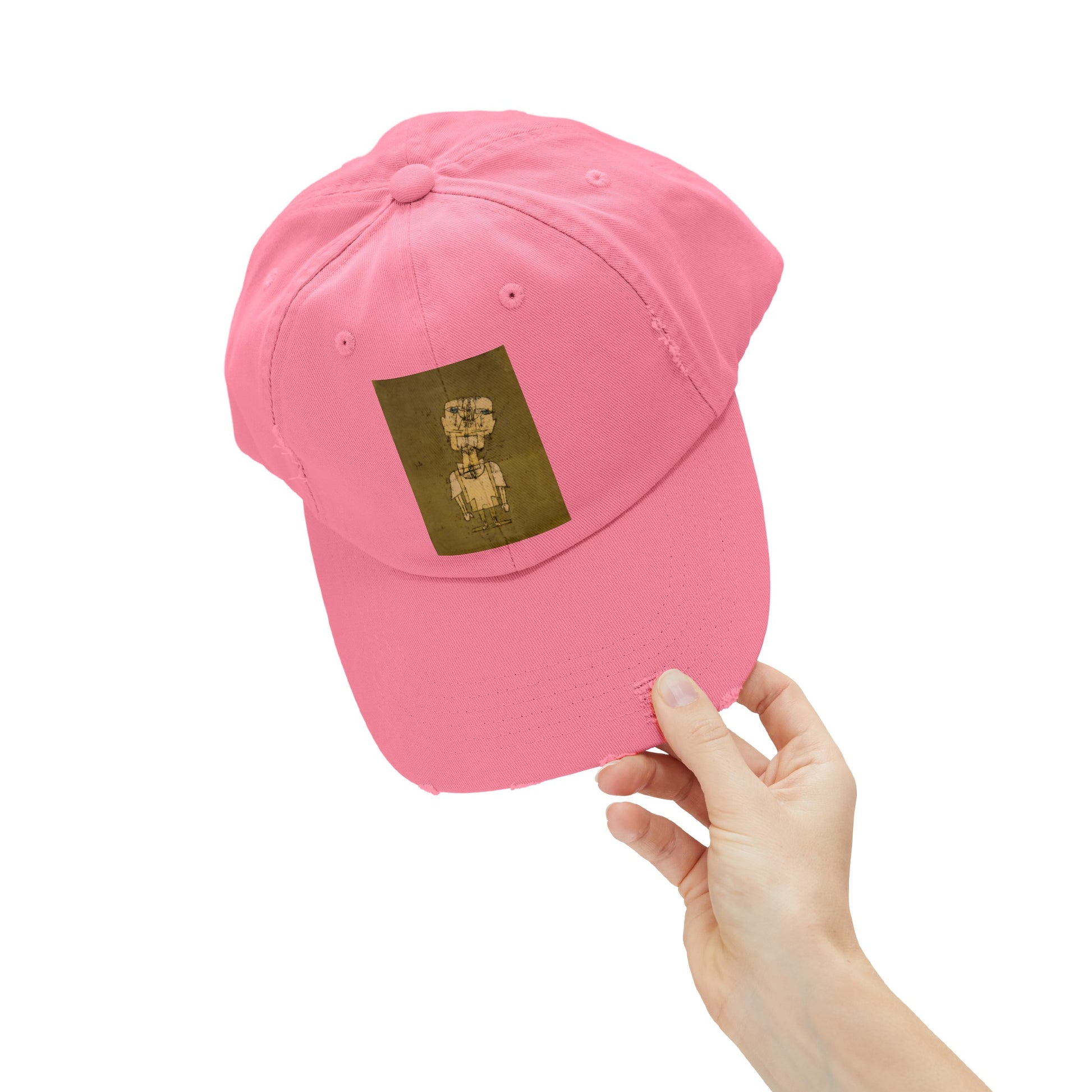 a pink baseball cap with a picture of a dog on it