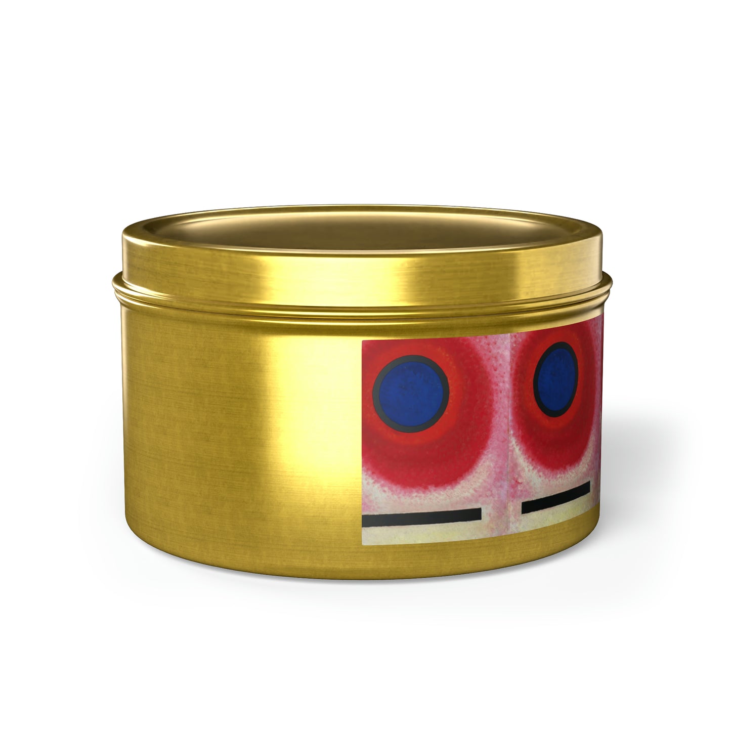 a gold tin with a red and blue design on it