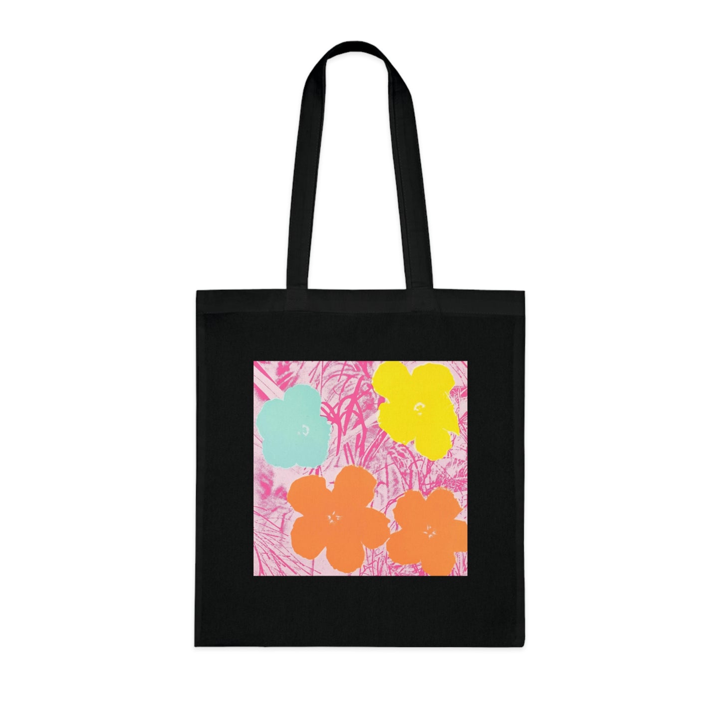 a black tote bag with flowers on it