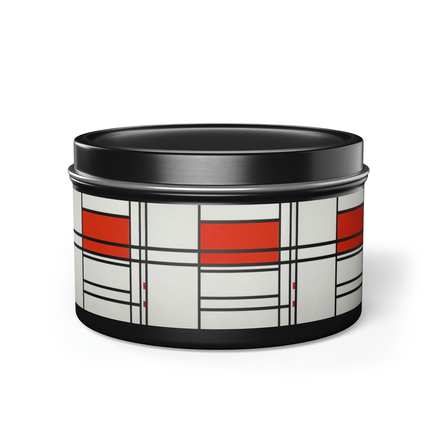 a black and white container with a red and white design