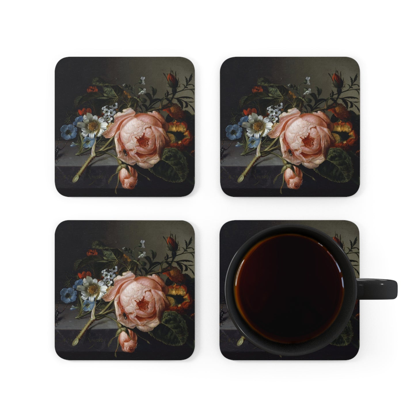 RACHEL RUYSCH - STILL LIFE WITH ROSE BRANCH, BEETLE AND BEE - COASTER SET