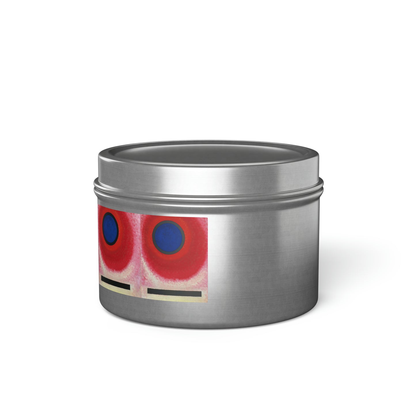 a tin with a red and blue design on it