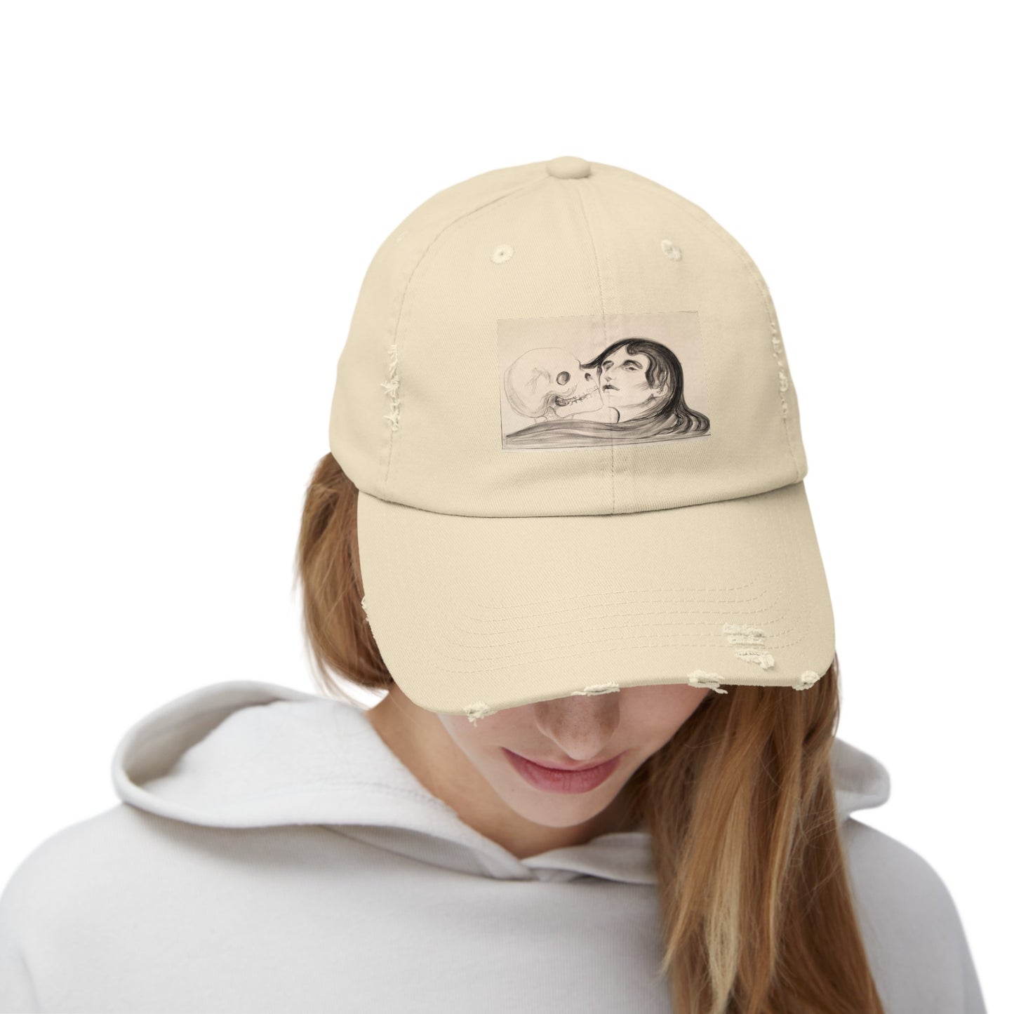 a woman wearing a hat with a picture of a man and woman on it