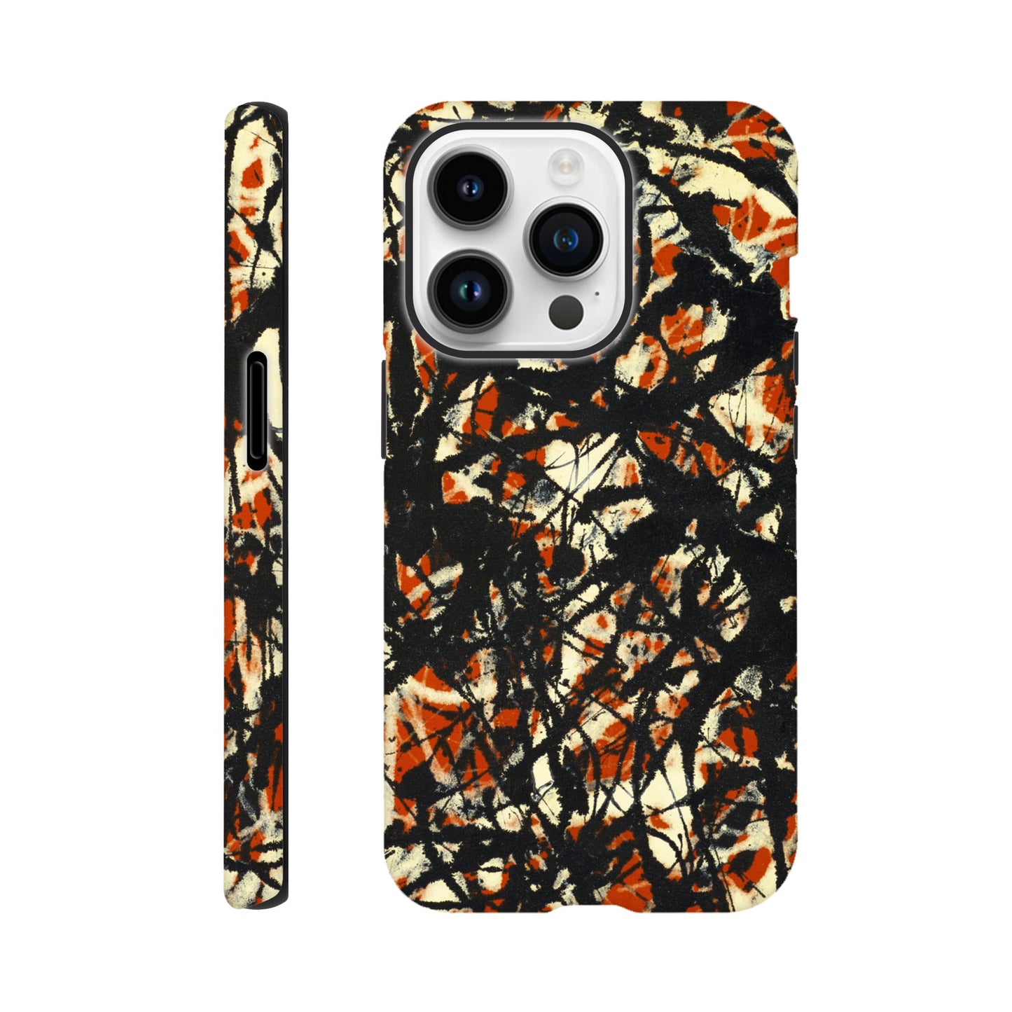 a phone case with an orange and black design