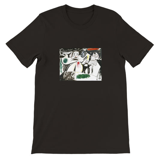 a black t - shirt with a painting on it