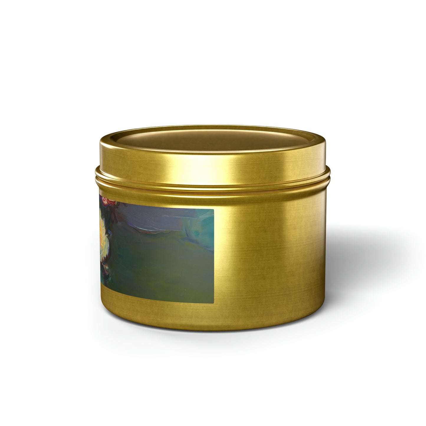 a gold tin with a picture of a person on it