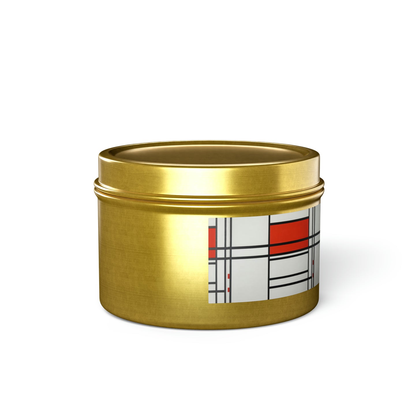 a gold tin with a red, white, and blue design on it