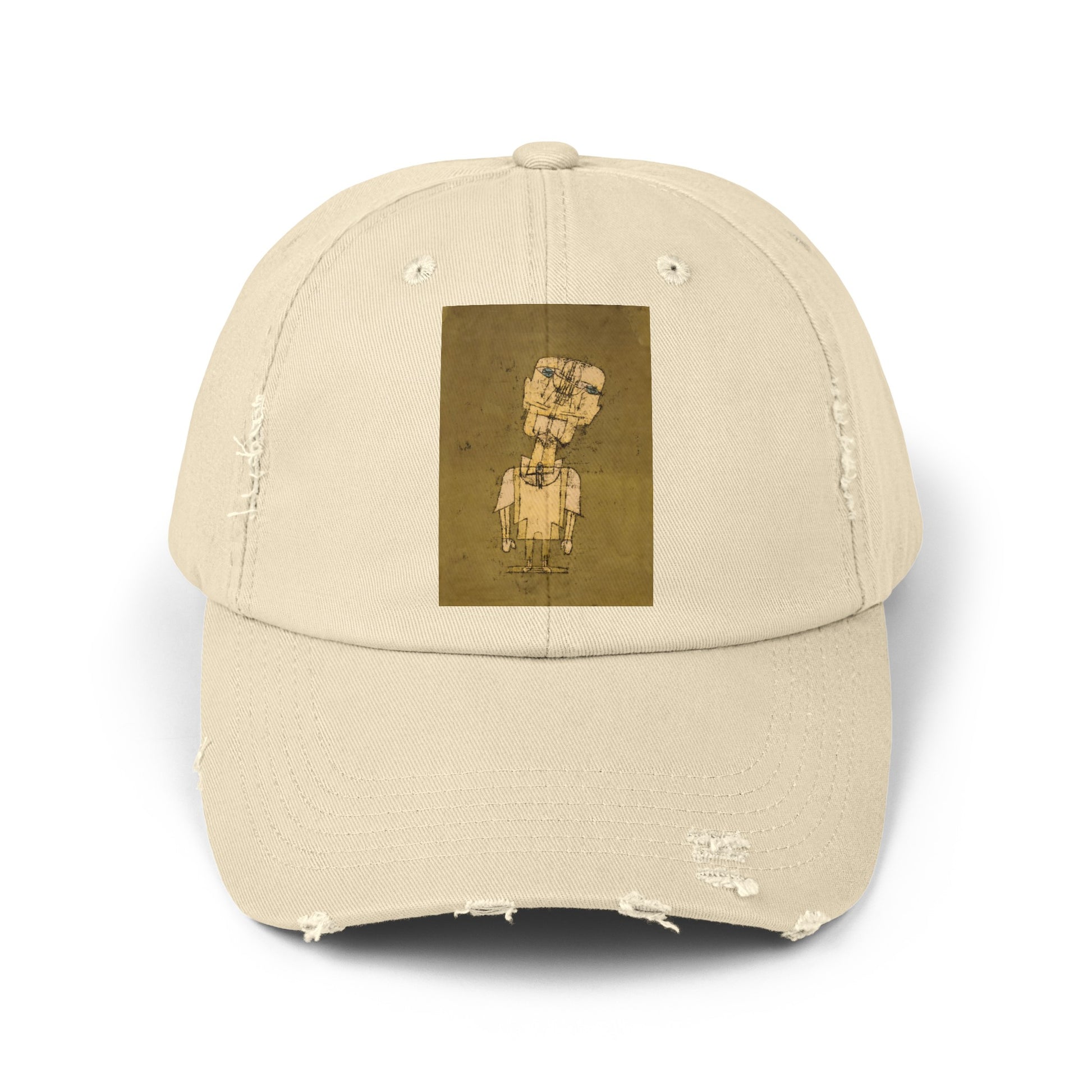 a white baseball cap with a picture of a man on it