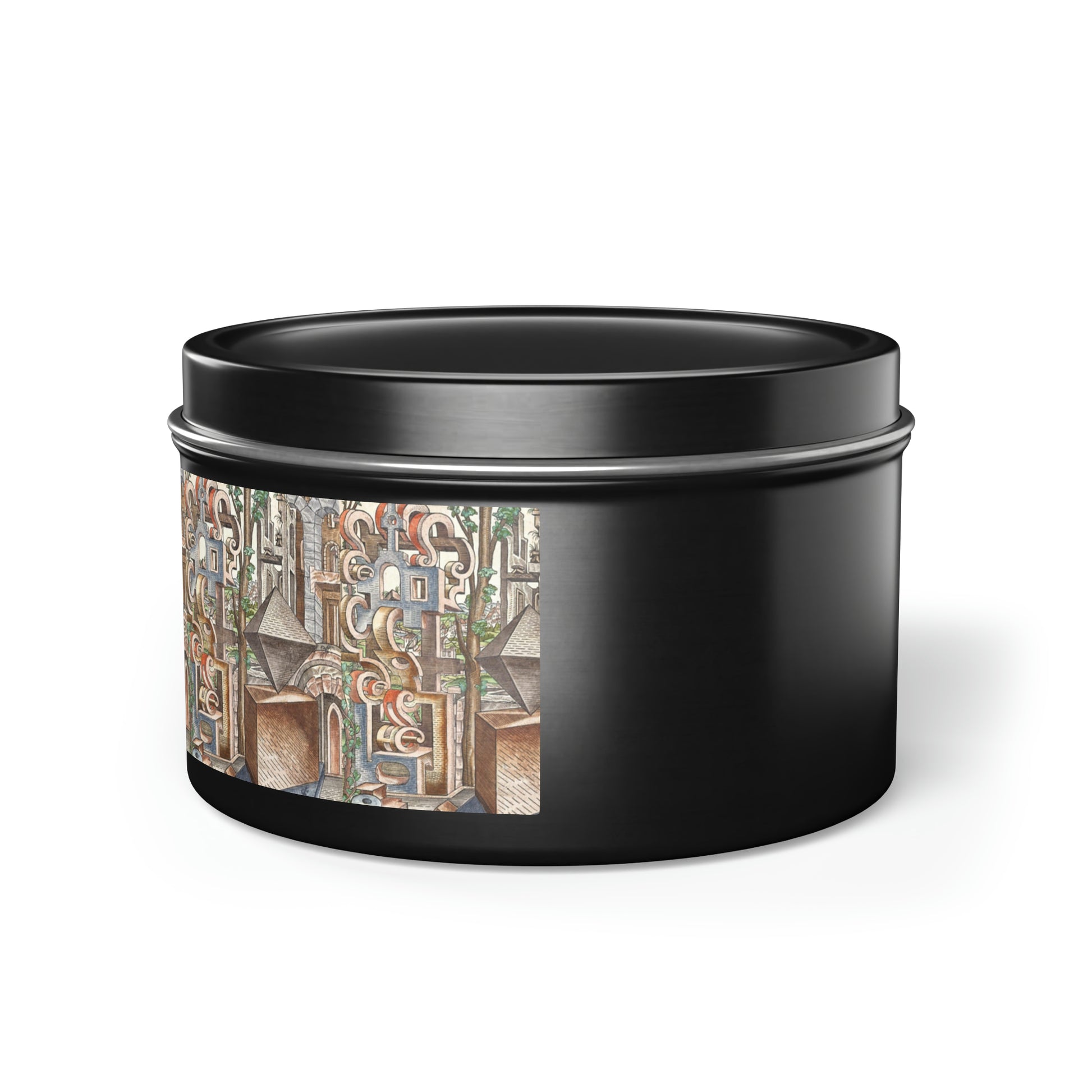 a black tin with a picture of a city on it