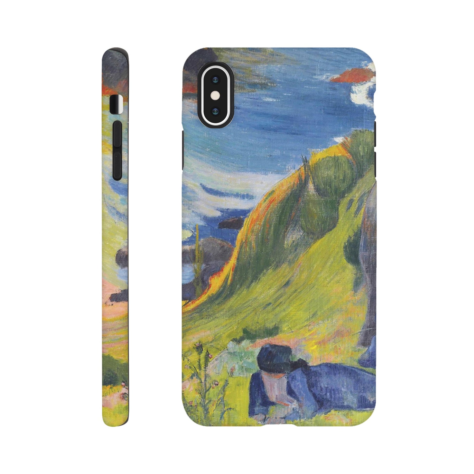 a phone case with a painting of a mountain scene