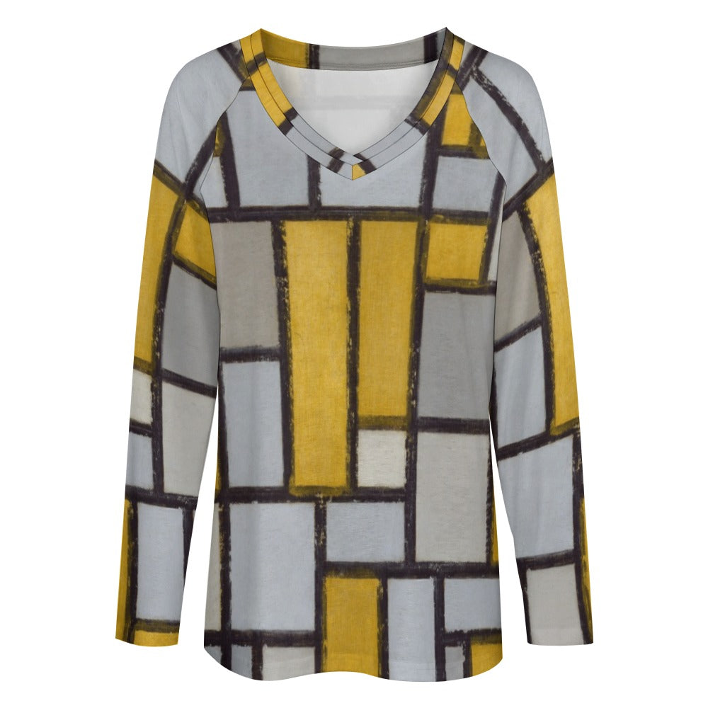 PIET MONDRIAN - COMPOSITION WITH GRID No. 1 - LONG SLEEVE LOOSE TEE FOR HER