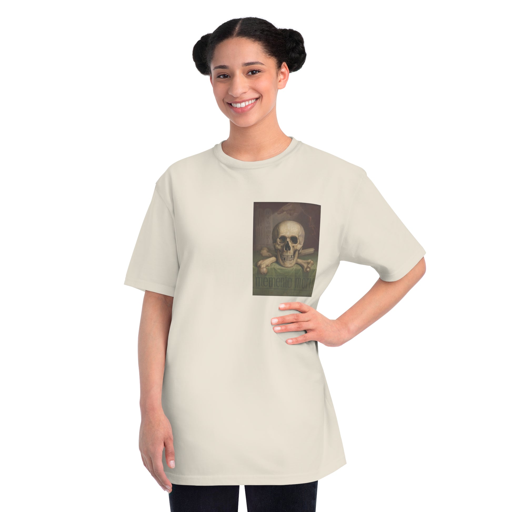 a woman wearing a t - shirt with a picture of a skeleton