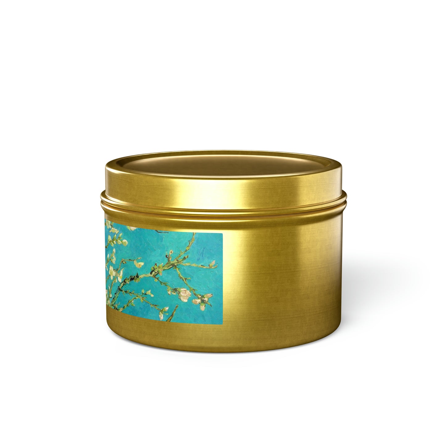 a gold canister with a picture of a flower on it