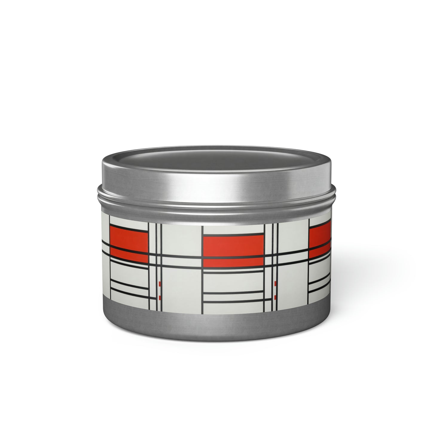 a tin with a red and white design on it