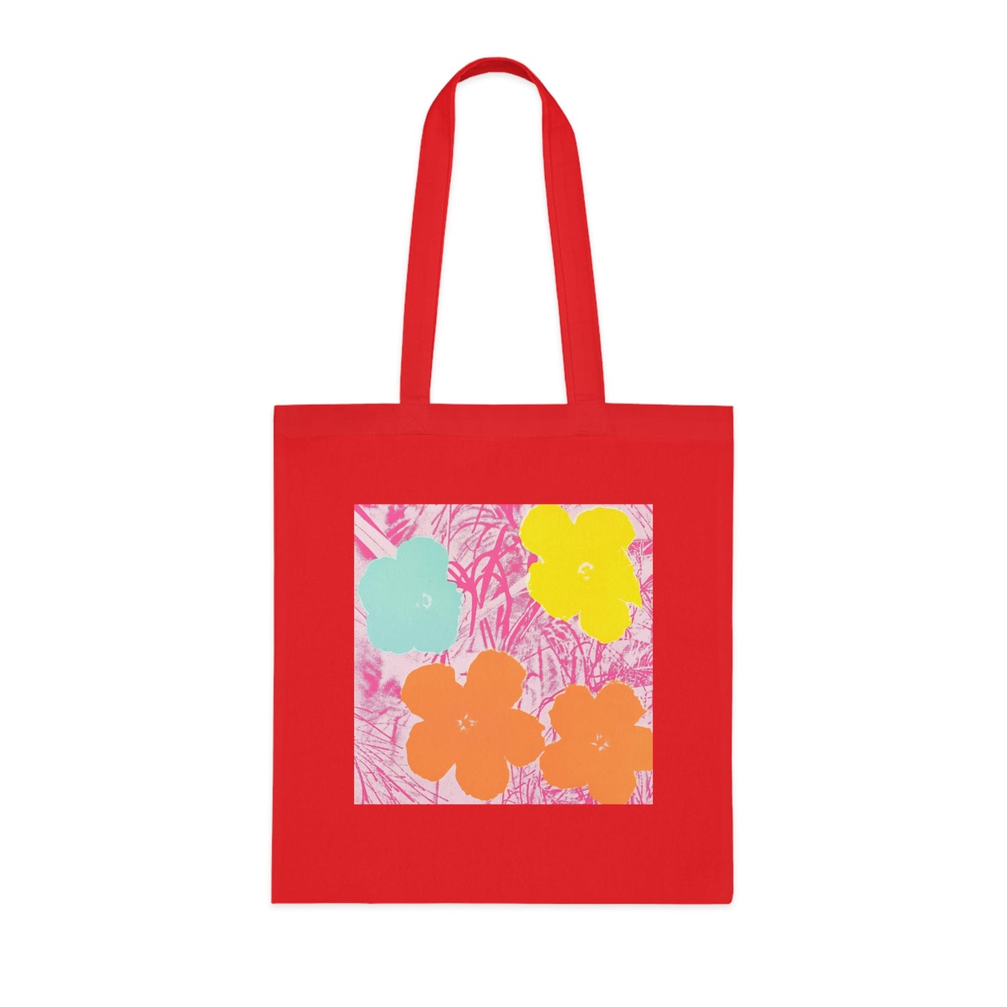 a red tote bag with flowers on it