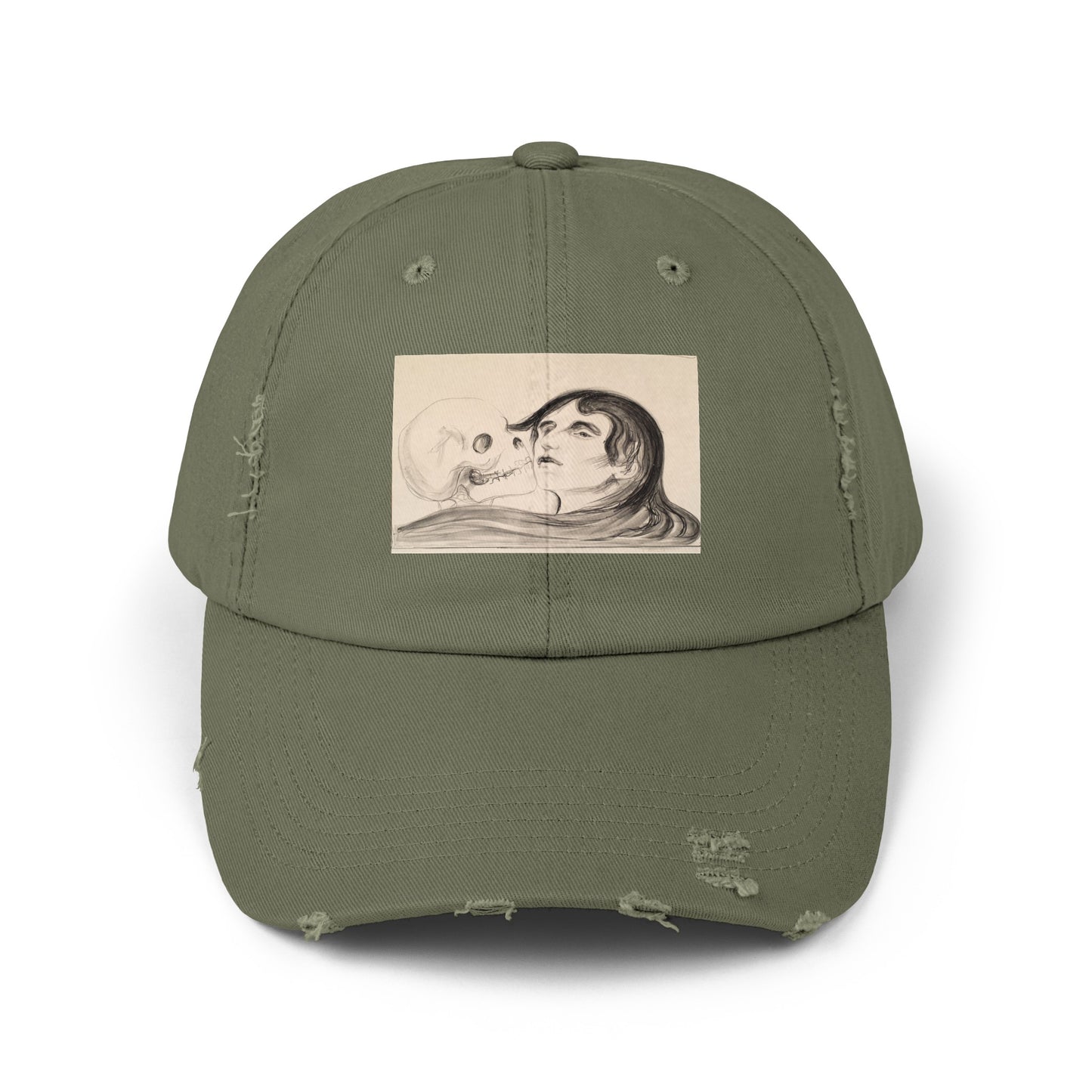 a green hat with a drawing of a woman's face