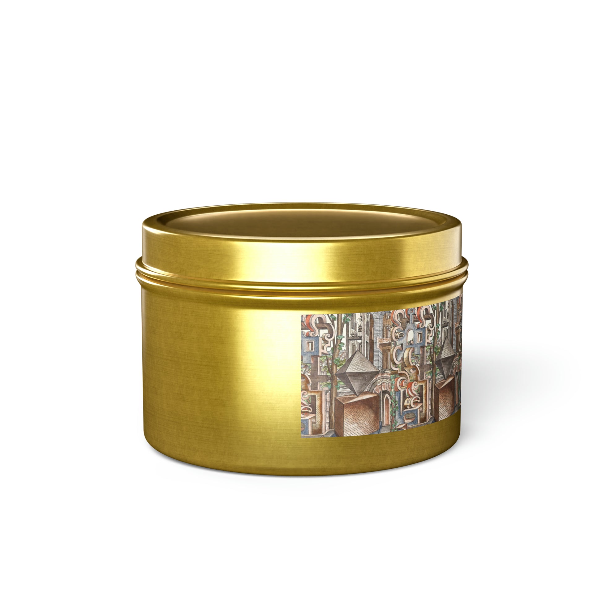 a gold tin with a painting on it