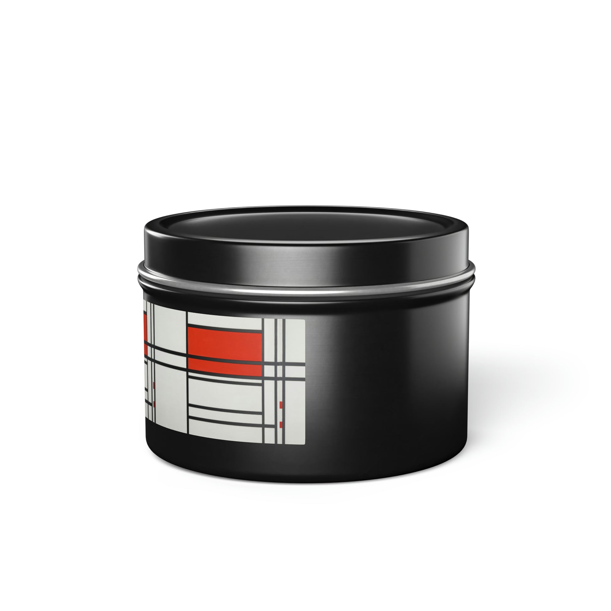 a black container with a red and white design on it