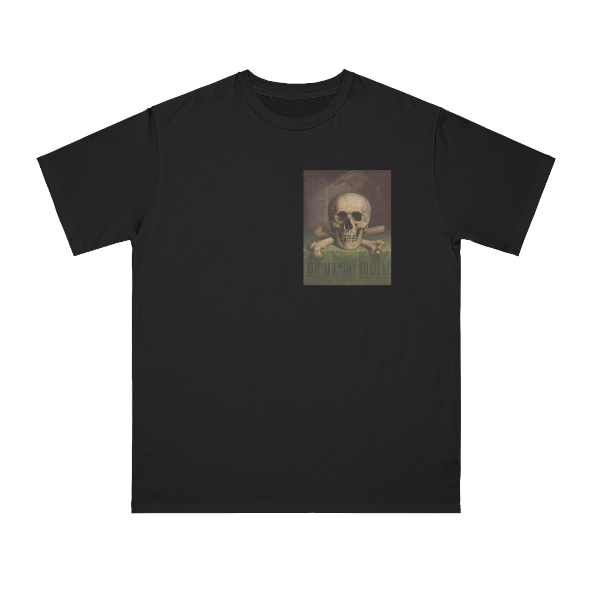a black t - shirt with a picture of a skeleton