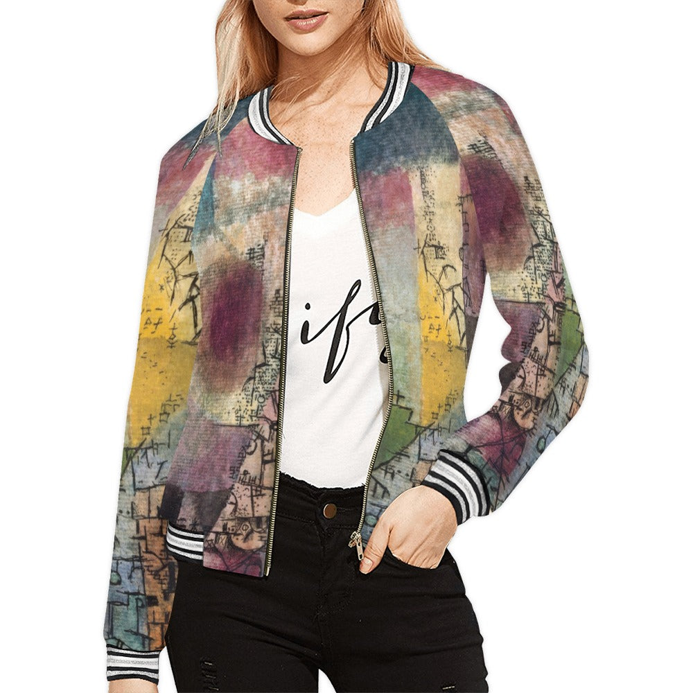 a woman wearing a colorful jacket and jeans