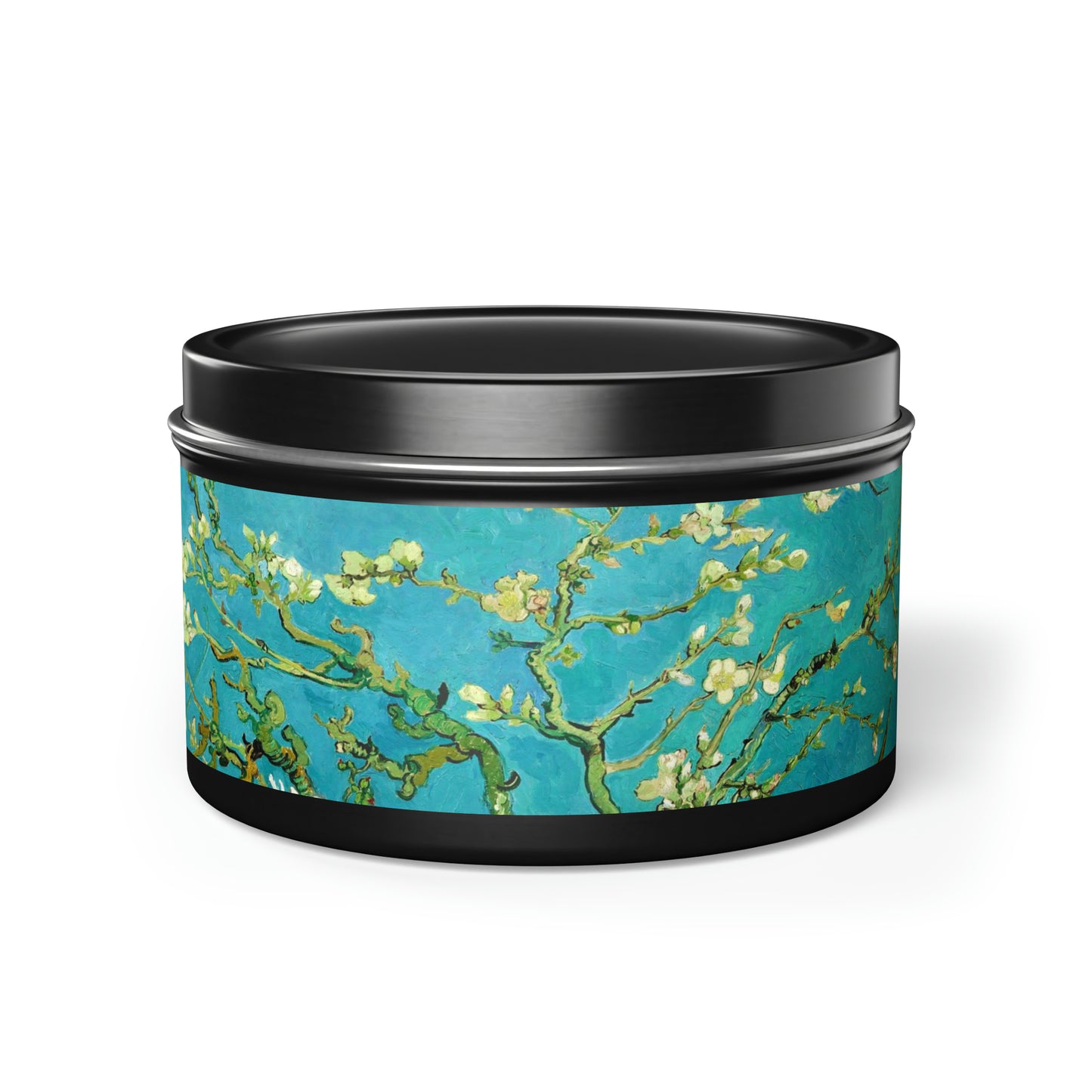 a blue tin with a painting of flowers on it