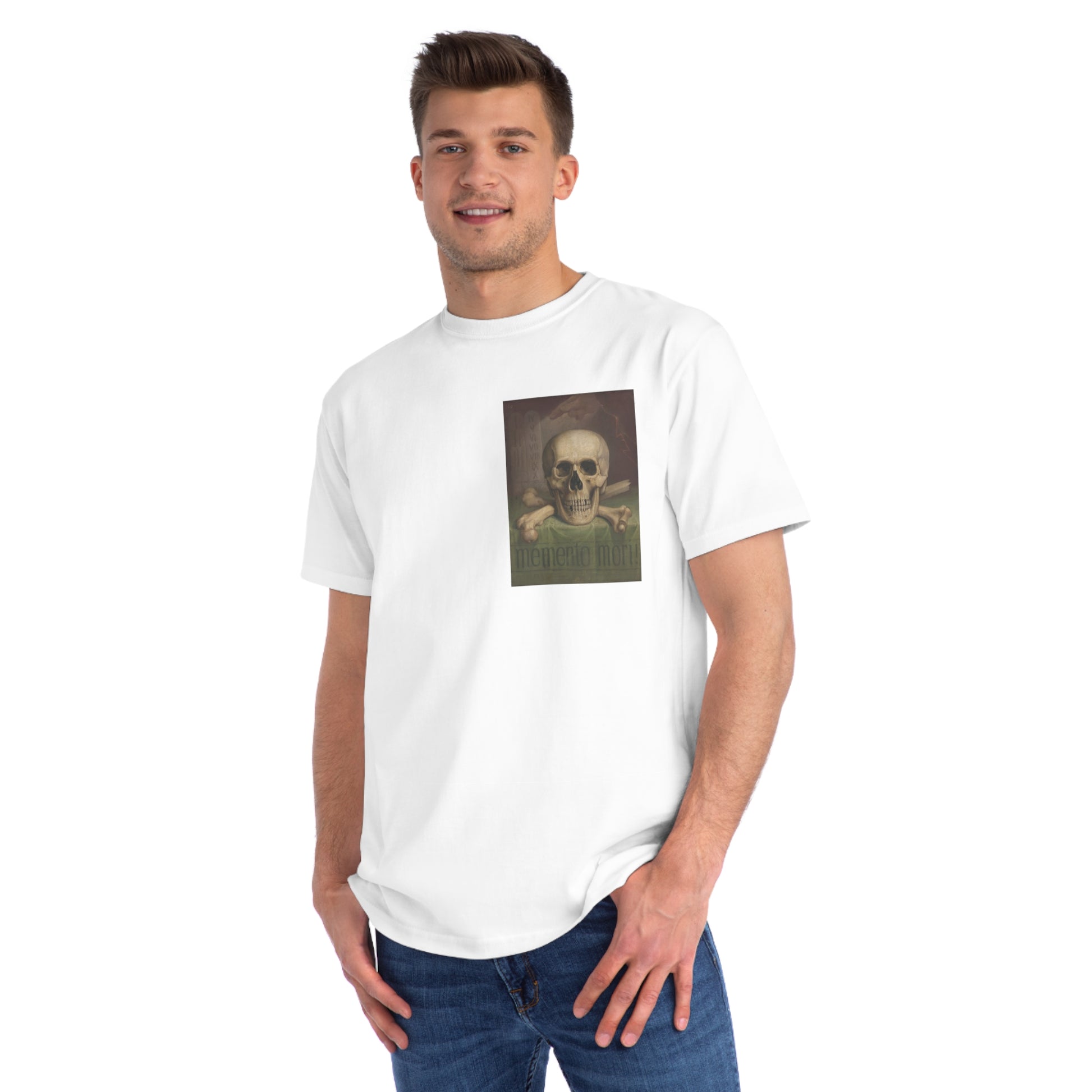 a man wearing a white t - shirt with a picture of a skull on it