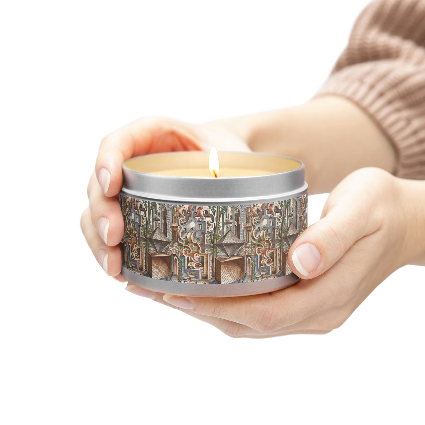 a person holding a candle in a tin