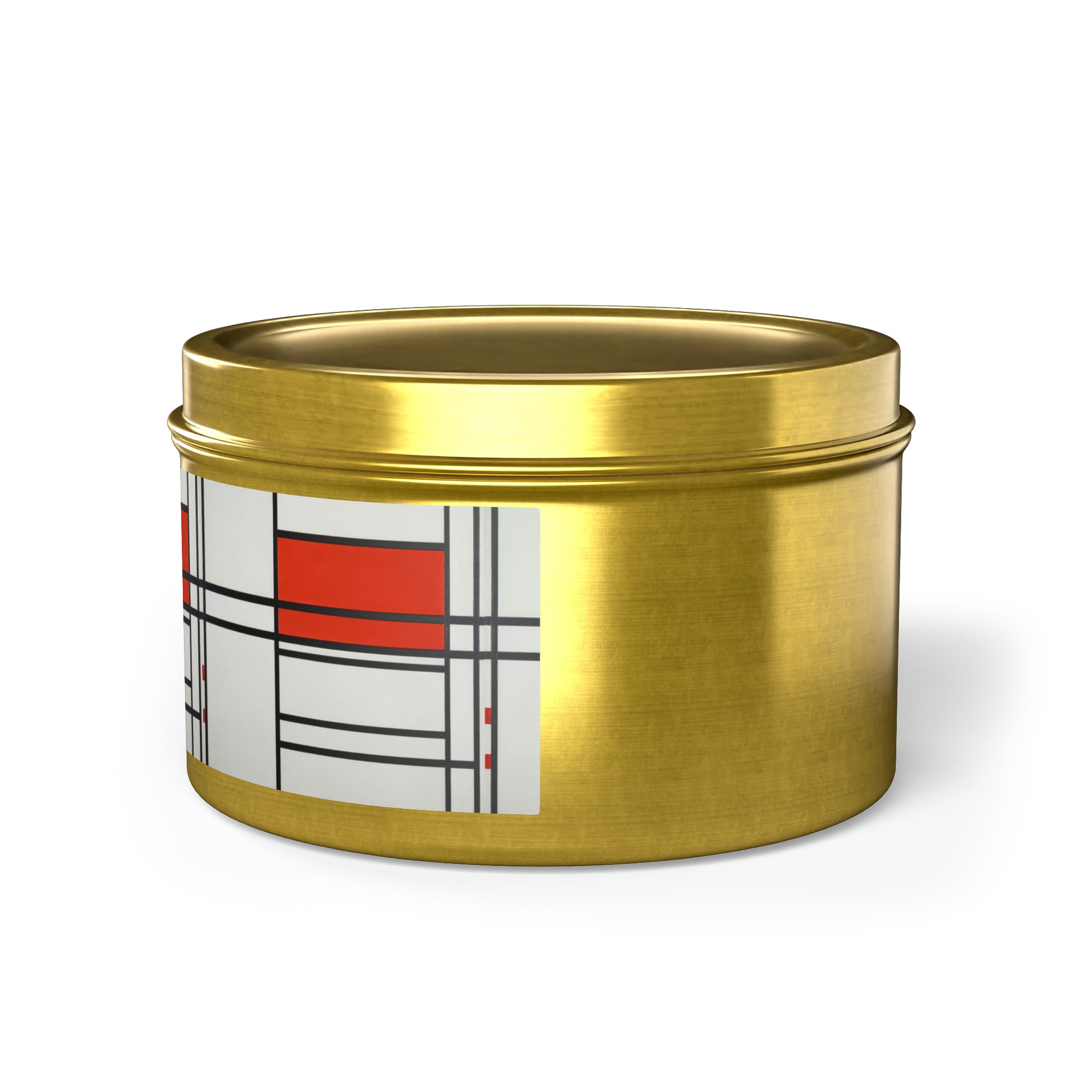 a gold tin with a red and white design on it