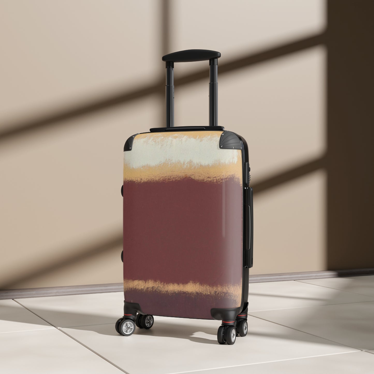 a piece of luggage sitting on top of a tiled floor