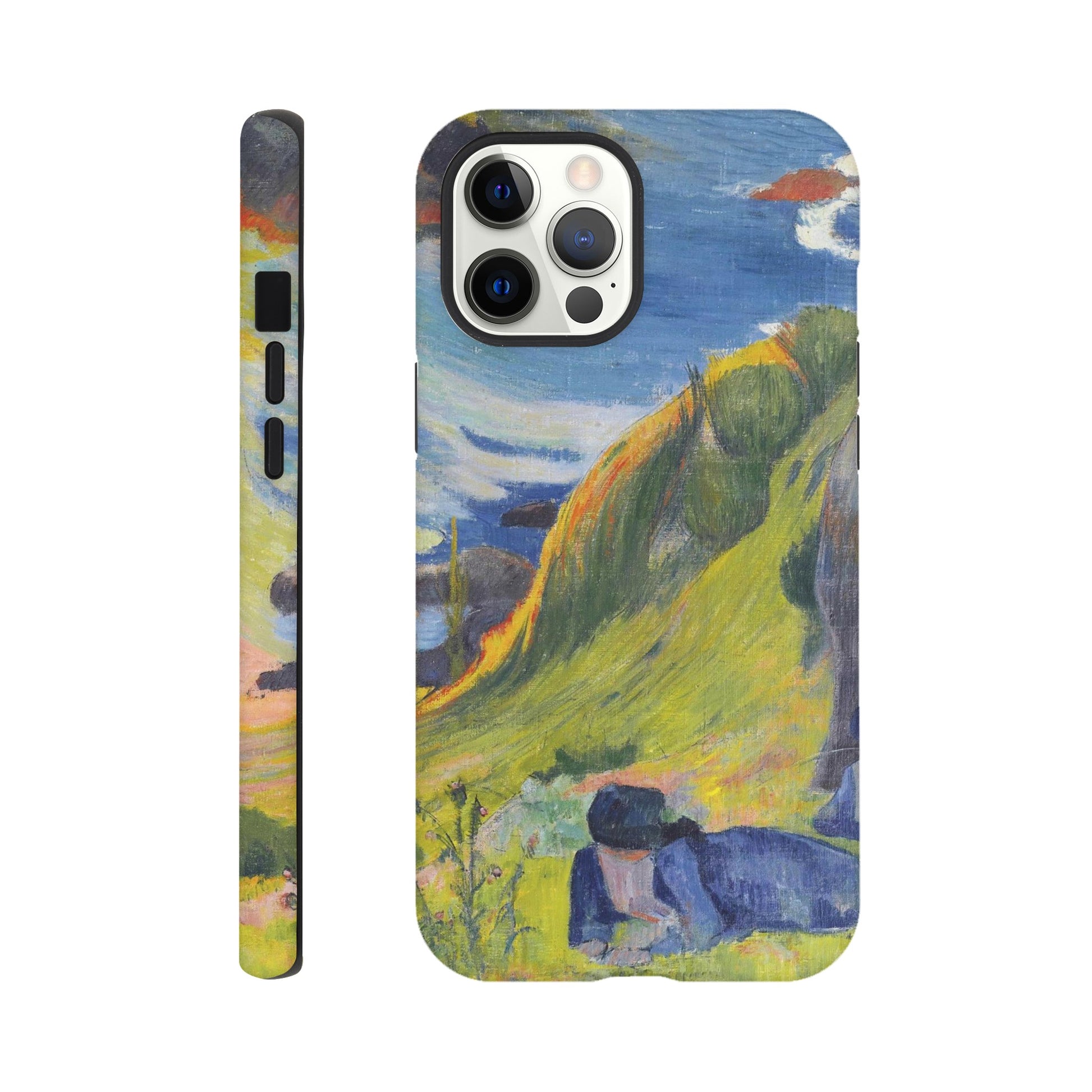 a phone case with a painting of a man laying on a hill